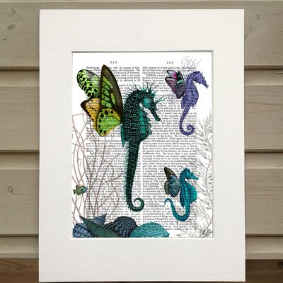 Seahorse trio with wings, Nautical Book Print, Art Print, Wall Art