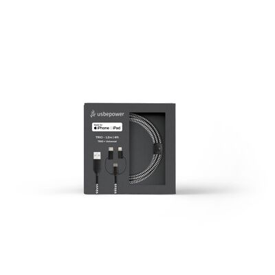 Kabel USB-A auf Lightning, USB-C und Micro-USB, geflochten aus extra widerstandsfähigem Gewebe - 3 in 1 - 1,20 m - Evertek Trio Schwarz und Weiß #cabledecharge #cableusb #smartphone #iphone #chargerapide #usb #lightning #microusb