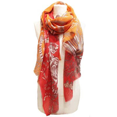 Safari printed wool scarf stole with tiger pattern, palm trees and African animals, orange and red