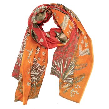 Etole écharpe foulard en laine imprimée Safari motif tigre, palmiers et animaux d'afrique, orange et rouge 4