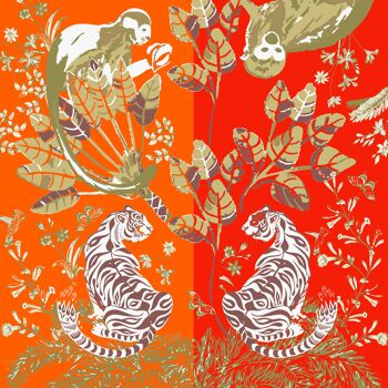 Etole écharpe foulard en laine imprimée Safari motif tigre, palmiers et animaux d'afrique, orange et rouge 5