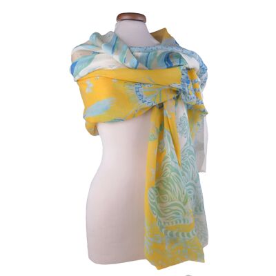 Safari printed wool scarf stole with tiger and savannah animal pattern, yellow and white