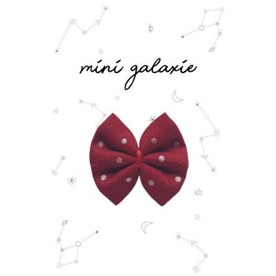 Mini burgundy red bow barrette with silver polka dots