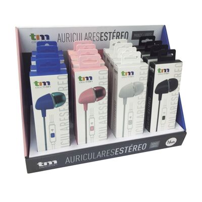 Stereo earphone with silicone pads with microphone (Display 16 units) - TM Electron