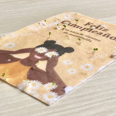 Plantable postcards. "Happy Birthday. The years make you feel like chamomile” (Manzanilla).