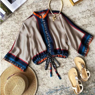 Stand Collar Printed Long Sleeves Cover-Up