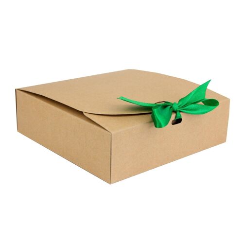 Pack of 12 Square, Brown Kraft Box with Green Ribbon