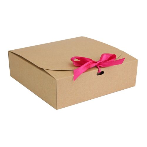 Pack of 12 Square, Brown Kraft Box with Hot Pink Ribbon