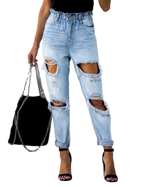 Mid-Rise Ruffled Ripped Tapered Jeans