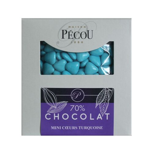 MINI COEURS TURQUOISE. CHOCO 70% CACAO