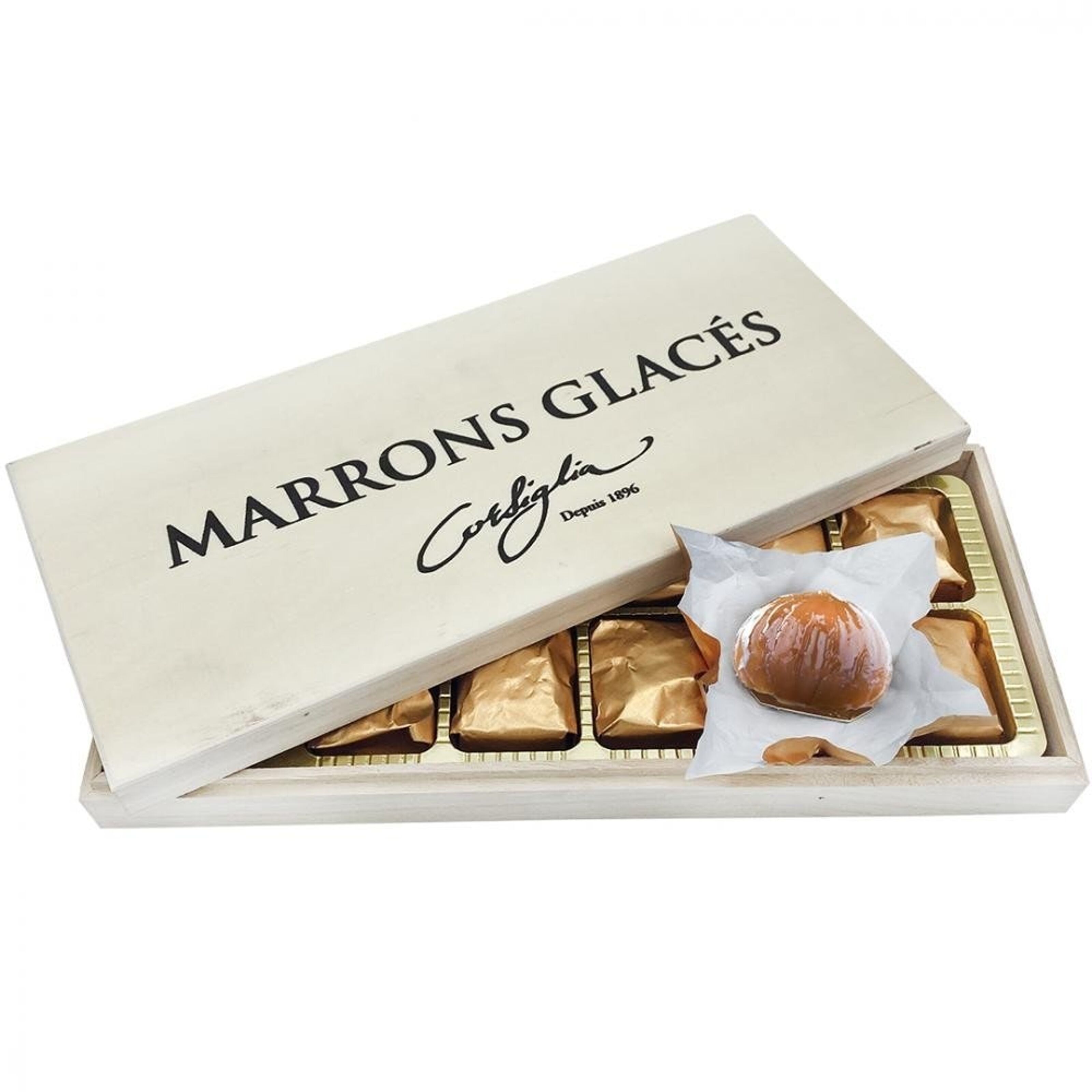 Marrons glacés entiers sous or 8 pièces TURIN coffret bois 160gr, Corsiglia  - ETSDUPLEIX