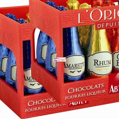 RED racks of 12 chocolate bottles with ABTEY liqueurs