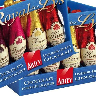 Blue racks of 12 chocolate bottles for ABTEY liqueurs