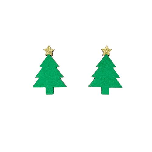 hand painted wooden Christmas tree eco friendly earrings