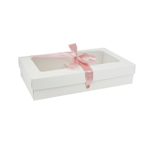 Pack of 12 White Kraft Box with Clear Lid & Baby Pink Ribbon
