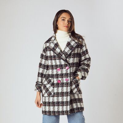 DOUBLE BREASTED CHECK COAT | BLACK AND WHITE