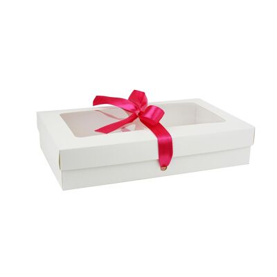 Pack of 12 White Kraft Box with Clear Lid & Hot Pink Ribbon