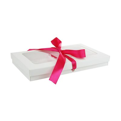 Pack of 12 White Kraft Box with Clear Lid & Hot Pink Ribbon