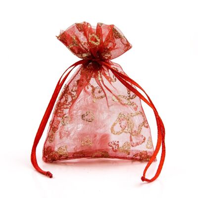 Organza bag, 9 x 12cm, colour: red with golden h