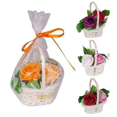 Bath roses in handle basket, 2 x 5g, 4 color combinations ass