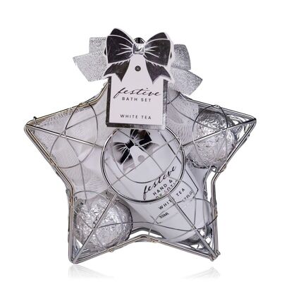 Bath set FESTIVE in star-shaped wire basket, gift set