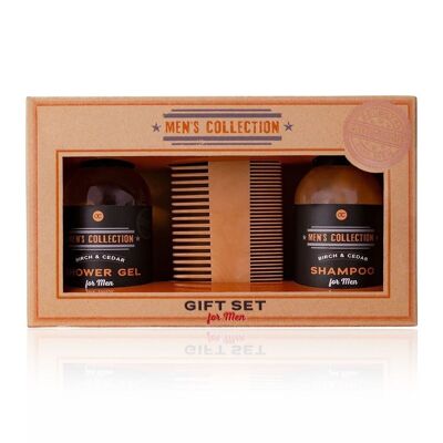 Coffret cadeau pour homme MEN'S COLLECTION dans un coffret cadeau avec un peigne en bois, un gel douche et un shampoing