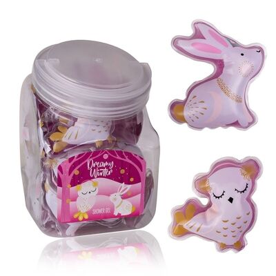 Mini shower gel DREAMY WINTER, 50ml, 2 assorted motifs: owl and rabbit, 24 pieces in candy glass