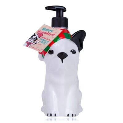 Hand soap HAPPY HOWLIDAYS in bulldog-shaped pump dispenser, soap dispenser with liquid soap
