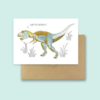 T-Rex-Postkarte - mit recyceltem Umschlag und transparenter, biologisch abbaubarer Tasche