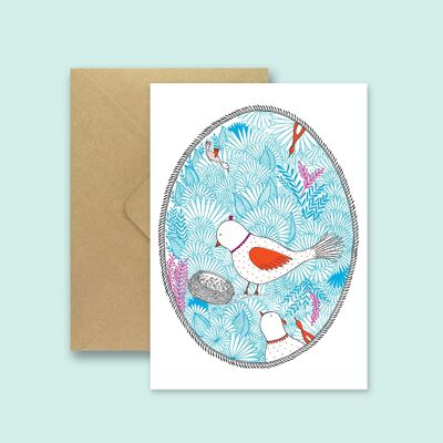 Bird and chicks nest postcard - with recycled envelope and biodegradable transparent bag