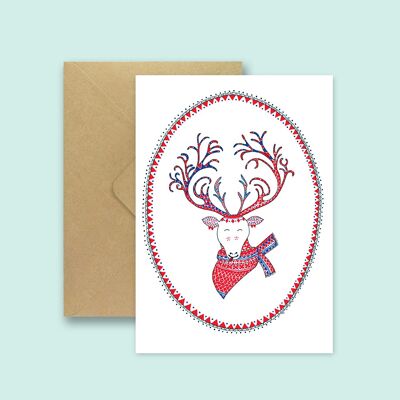 Reindeer Christmas Postcard Greeting Card - with recycled envelope and biodegradable clear bag