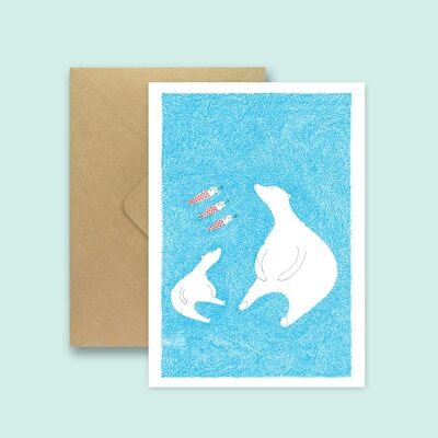 Polar bear and her baby card - with recycled envelope and transparent biodegradable bag