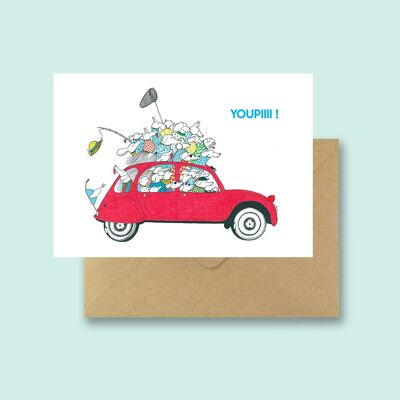 Postcard Dogs in 2 CV - with recycled envelope and transparent biodegradable bag