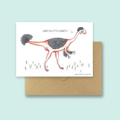 Dinosaur card made in France - with recycled envelope and transparent biodegradable bag