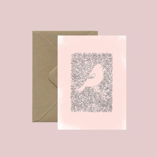 Carte postale Oiseau rose - avec enveloppe recyclée et sachet transparent biodégradable