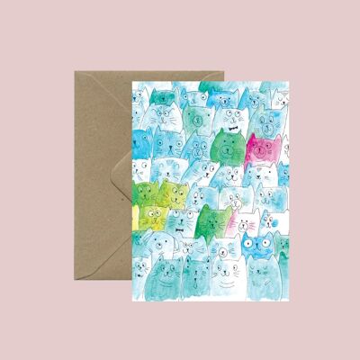 Karte mit 1000 Katzen - mit recyceltem Umschlag und transparenter, biologisch abbaubarer Tasche
