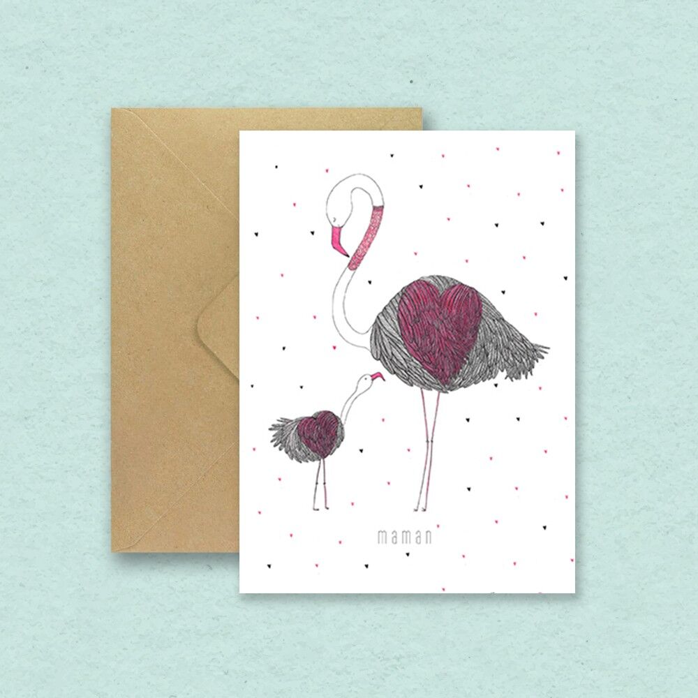 Biglietto con cuori Flamingo "Mamma" - con busta riciclata e sacchetto trasparente biodegradabile