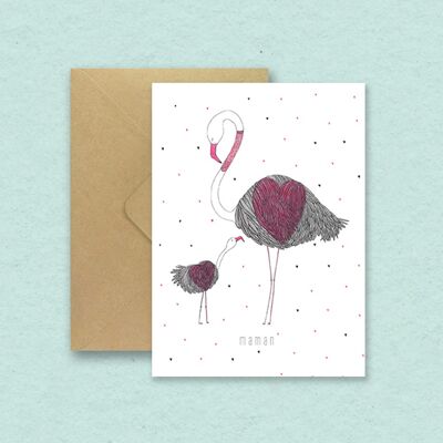 Carte Flamant rose coeurs "maman" - avec enveloppe recyclée et sachet transparent biodégradable