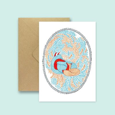 Birth card with a baby fox and his mother - with recycled envelope and transparent biodegradable bag