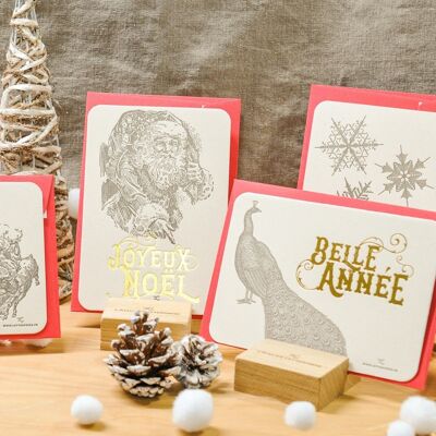 Pack Test: 12 Christmas and New Year Letterpress Cards (with envelope), greetings, gold, vintage, thick recycled paper, red