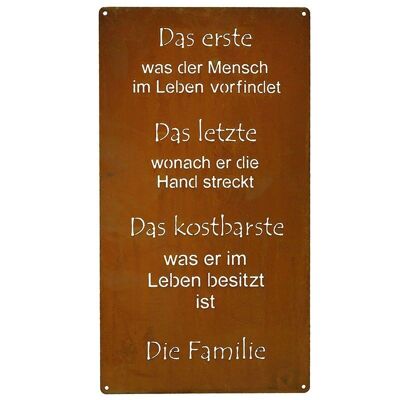Tablero de mensajes oxidado Tablero de decoración de metal patinado "Family" para colgar | 30cm x 15cm