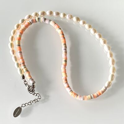 BOHO necklace, freshwater pearls with polymer plates 40+5cm