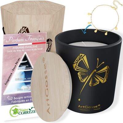 Coffret CADEAU Bougie Bijou Prestige - Bougie Cire Végétale 72H Parfumée Doux Rêves - Fabrication Artisanale, Écrin & Couvercle Bois - Bracelet 5 Pampilles Or