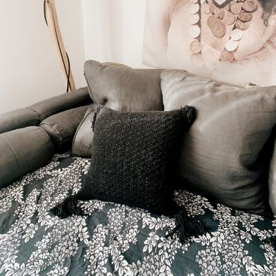 Cushion cover in black crochet & pompom