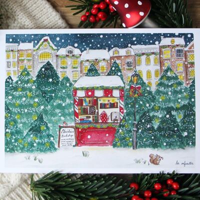 The little bookstore under the snow - Christmas postcard