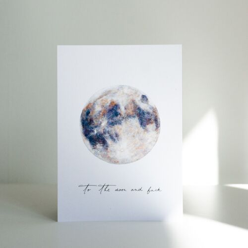 Postkarte Mond 'to the moon and back', Aquarell-Illustration, DIN A6, nachhaltig, Valentinstagskarte