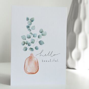 Carte postale 'hello beautiful', illustration aquarelle d'eucalyptus, DIN A6, durable