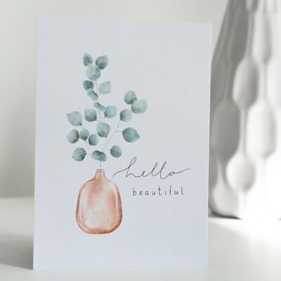 Postkarte 'hello beautiful', Aquarell-Illustration Eukalyptus, DIN A6, nachhaltig