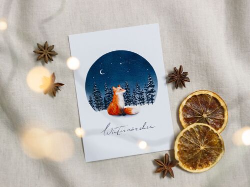 Postkarte 'Wintermärchen', Weihnachtskarte, Aquarell-Illustration mit Fuchs, DIN A6, nachhaltig
