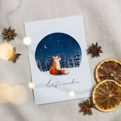 Cartolina 'Racconto d'inverno', cartolina di Natale, illustrazione ad acquerello con volpe, DIN A6, sostenibile